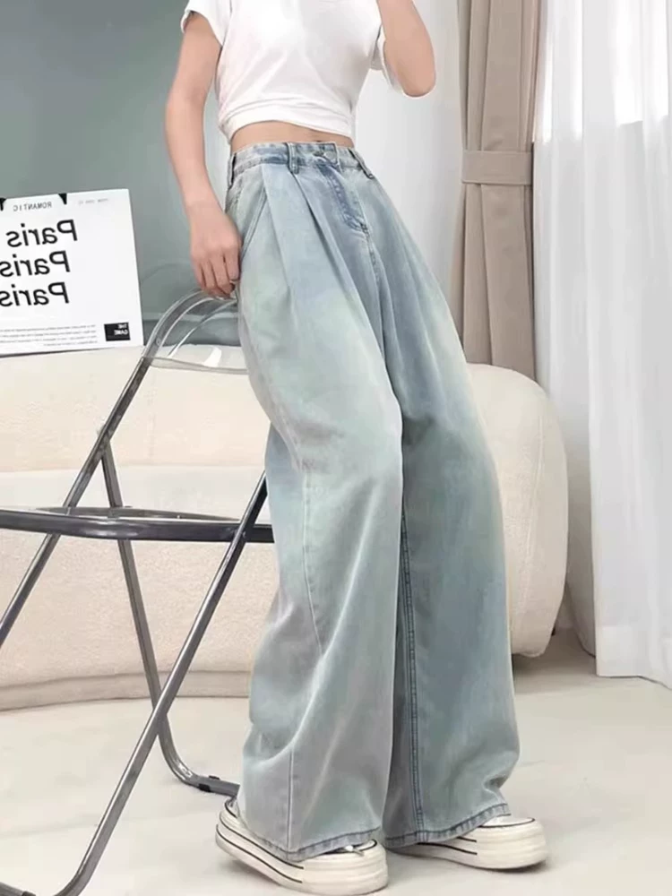 Quần jean ống rộng bằng vải lụa băng dành cho nữ, kiểu dáng mỏng mùa hè, cỡ lớn, lưng cao, dáng rộng, mềm mại, tôn dáng, quần dài bằng vải Tencel