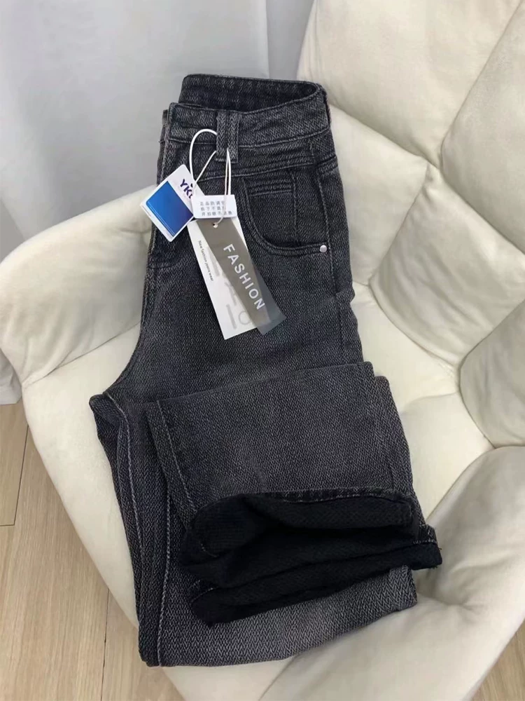 Quần jean ống đứng màu đen và xám dành cho nữ, mùa thu đông, cỡ lớn, lót lông cừu, dày dặn, lưng cao, dáng rộng, giảm béo, quần ống rộng.