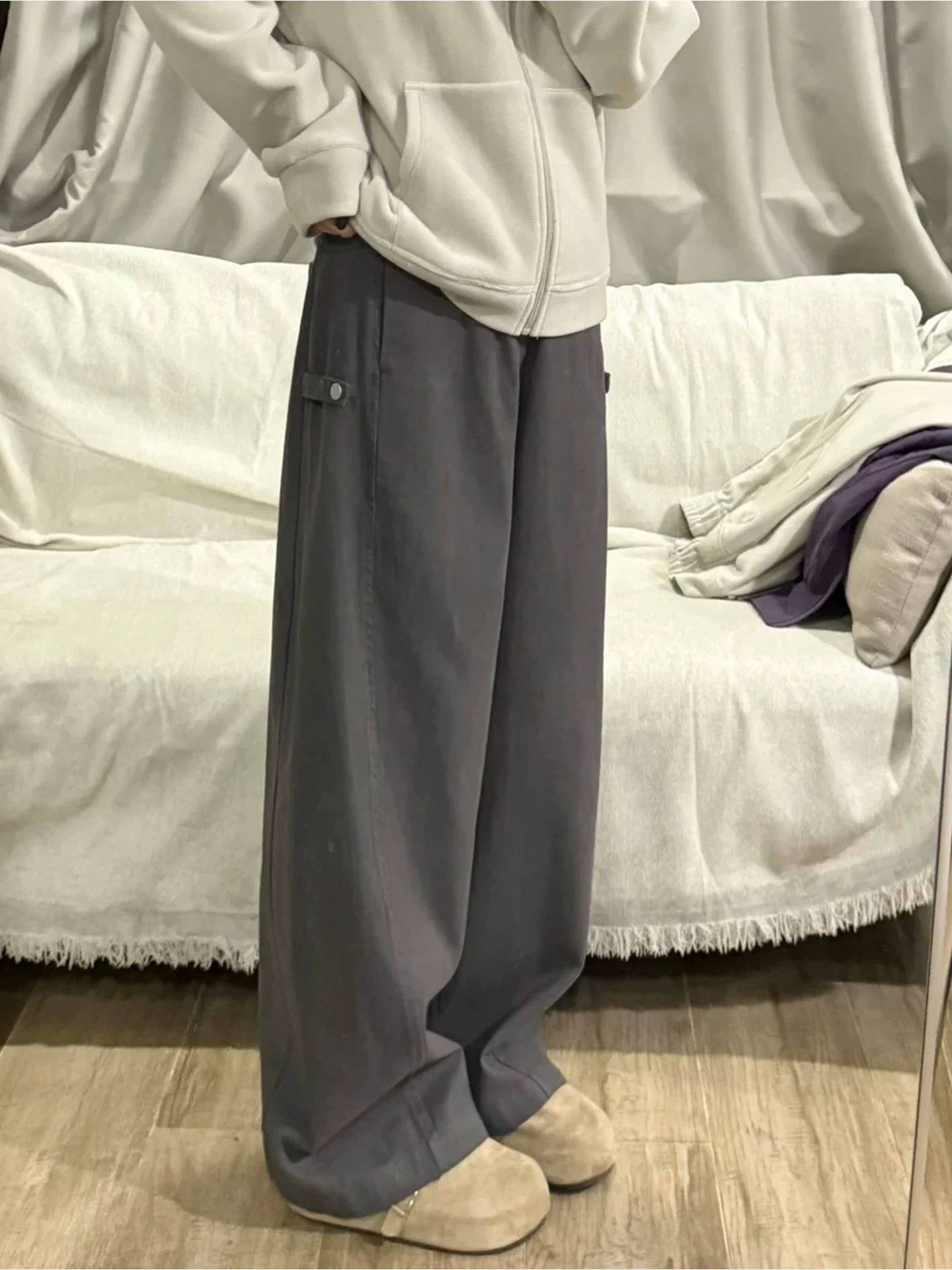 Quần ống rộng thường ngày lót lông màu xám dành cho nữ, cỡ lớn mùa đông, lưng cao, dáng rộng, thon gọn, dáng quả lê, quần cargo hình lưỡi kiếm