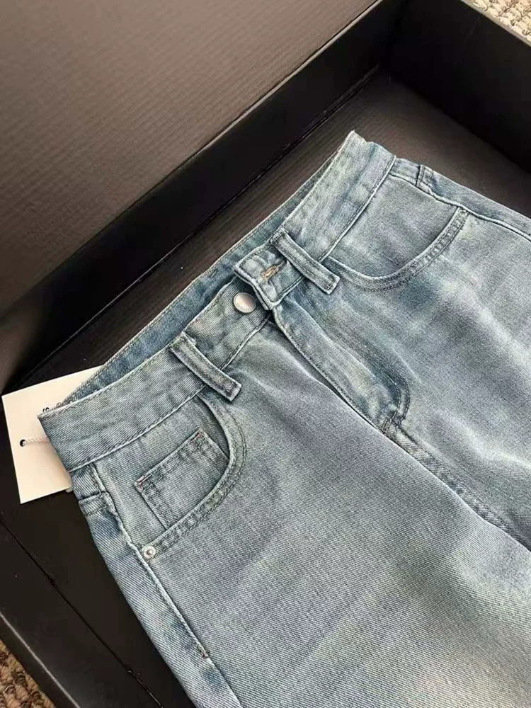 Quần jean Tencel màu xanh nhạt dành cho nữ, kiểu dáng mỏng mùa hè, cỡ lớn, lưng cao, giảm béo, dáng quả lê, quần ống rộng bằng lụa băng