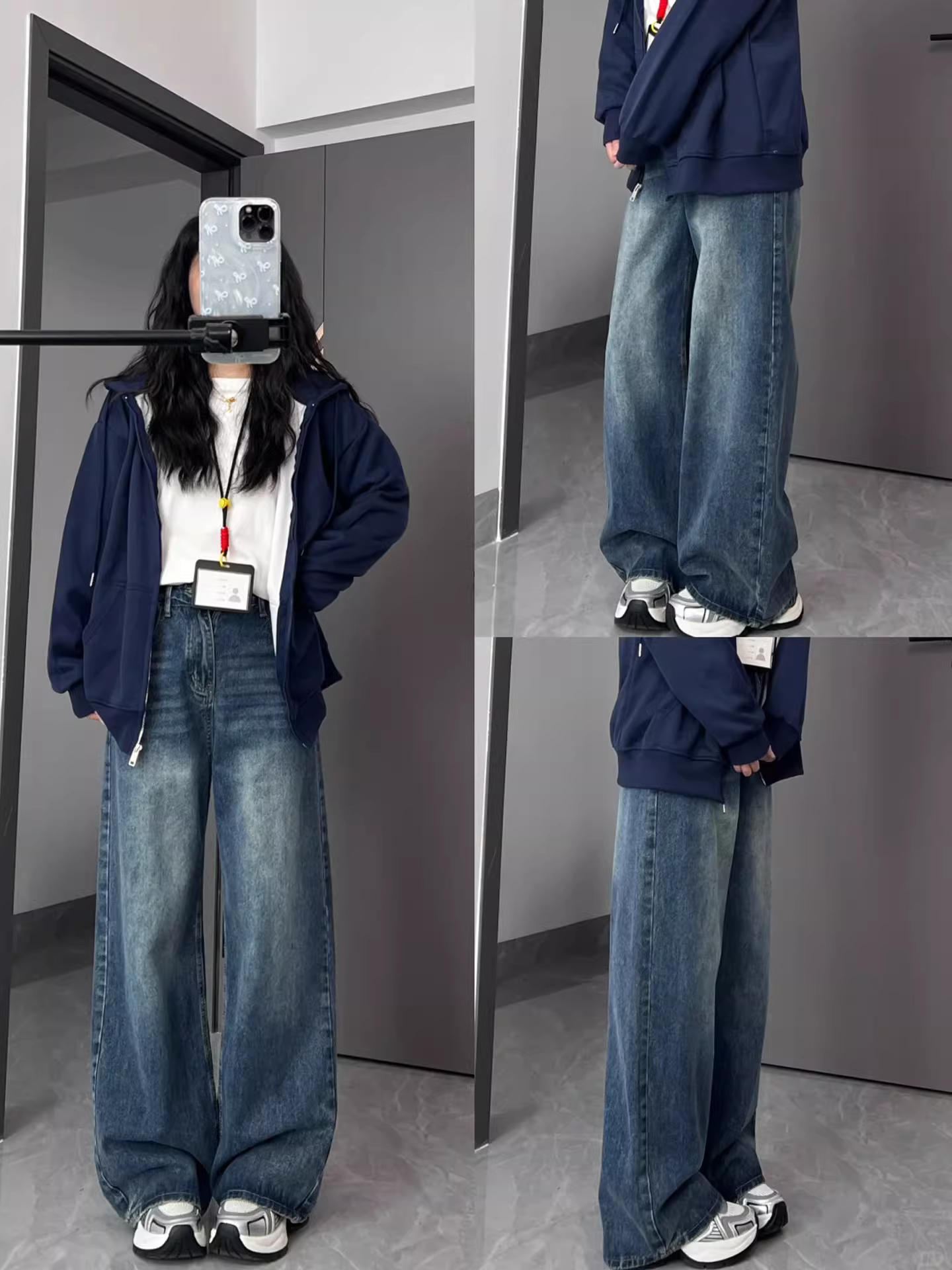 Quần jean ống rộng lưng cao màu xanh cổ điển dành cho nữ, mùa thu đông, lót lông cừu, cỡ lớn, dáng rộng cho người có thân hình quả lê, quần dài ống thẳng