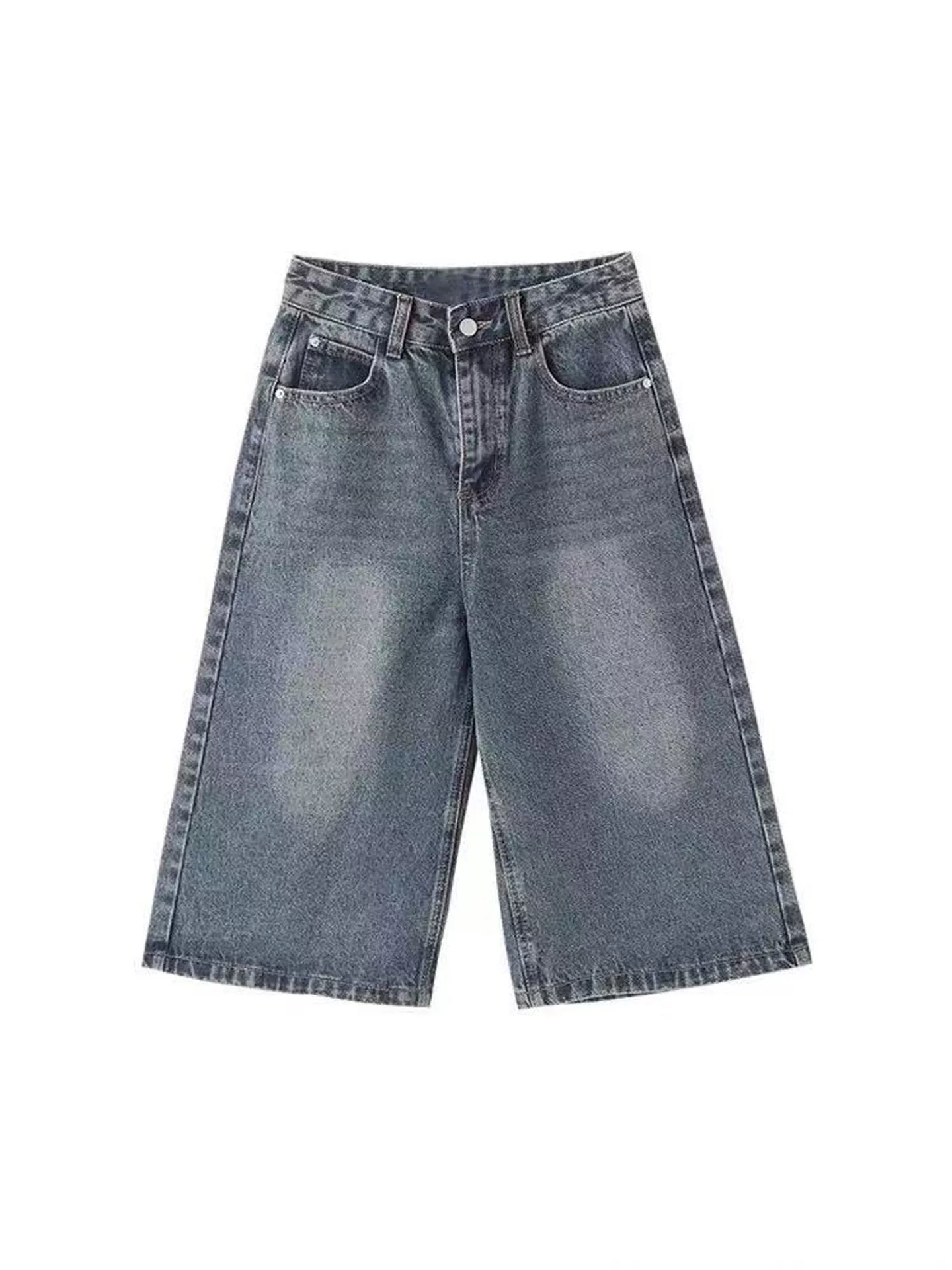 Quần crop màu xanh cổ điển dành cho nữ, quần jean cỡ lớn mùa hè dành cho phụ nữ có đường cong, lưng cao, dáng rộng, thon gọn, ống thẳng, dài tám phần mười, quần dài vừa phải ống rộng.