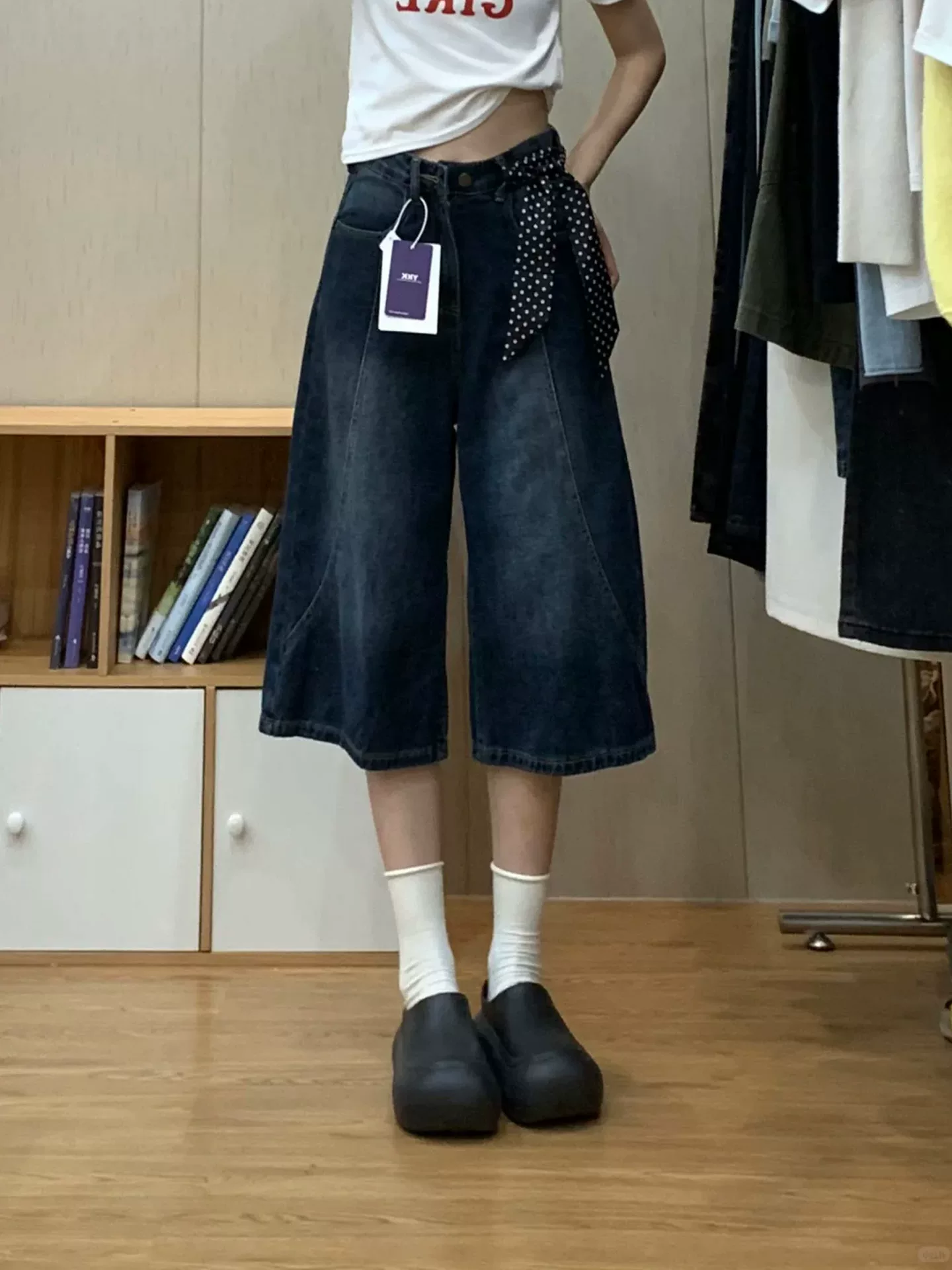 Quần short denim crop màu xanh đậm dành cho nữ, cỡ lớn mùa hè, lưng cao, dáng rộng, giảm béo, dáng quả lê, quần ống rộng dài vừa phải