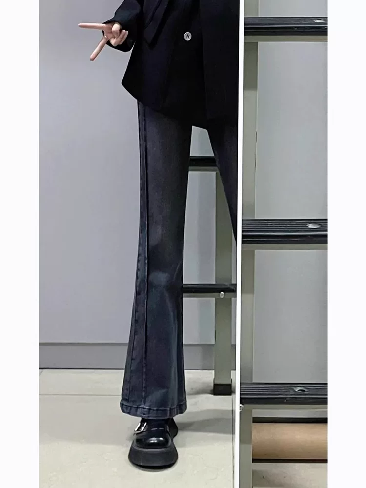 Quần jeans ống đứng xòe dành cho nữ, kiểu mới thu đông 2025, size lớn, cạp cao, co giãn, che hông, dáng quả lê, quần ống loe