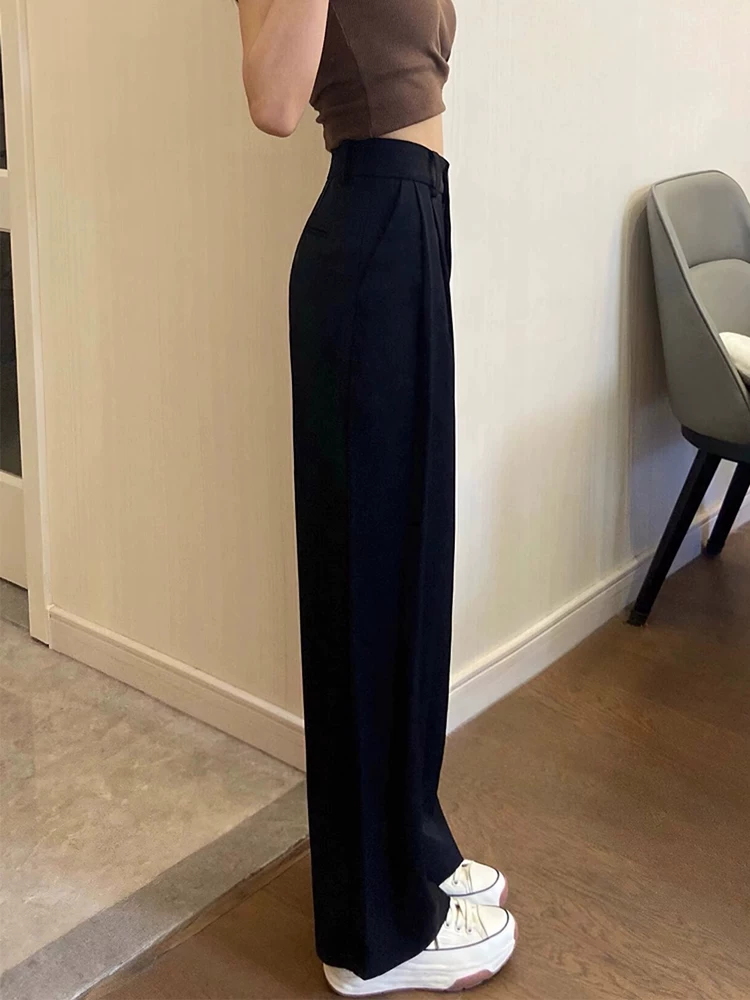 Quần âu dáng lê màu đen dành cho nữ, kiểu dáng mới mùa hè, mỏng nhẹ, size lớn, cạp cao, rộng rãi, tôn dáng, quần ống rộng