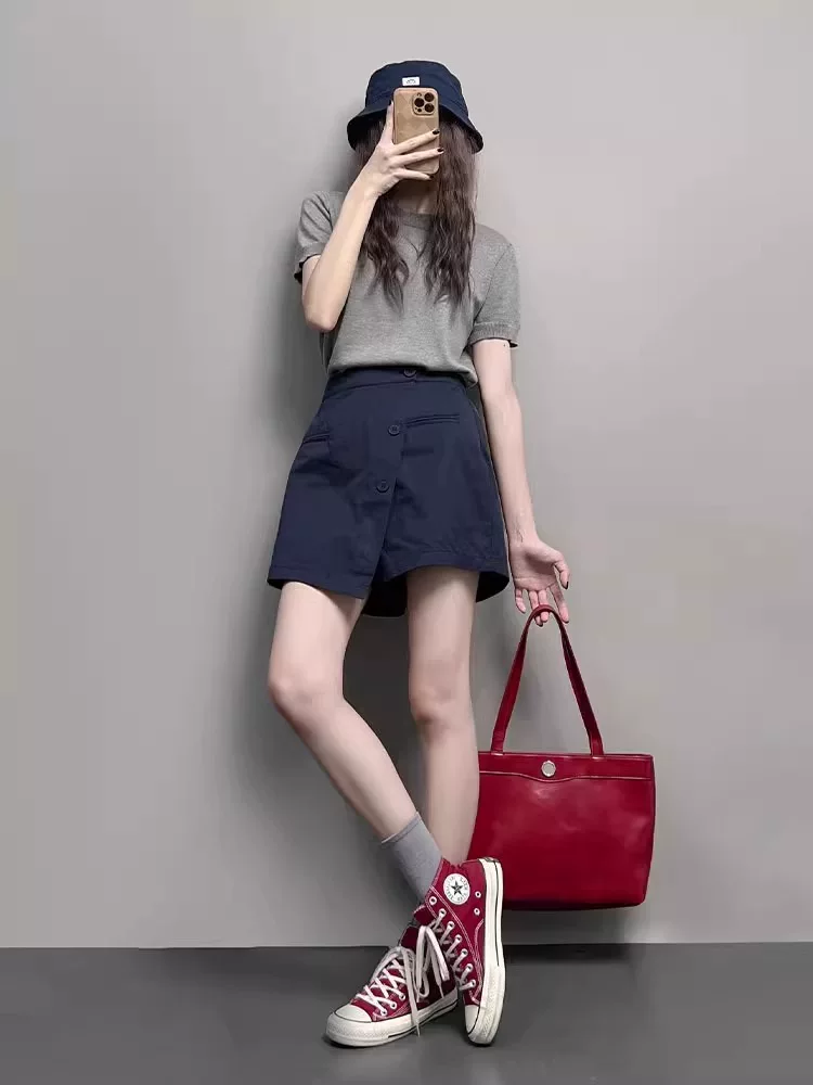 Váy chữ A dáng quả lê không đều cho nữ, cỡ lớn mùa hè, cạp cao, che hông, váy ngắn dáng suông giúp thon gọn