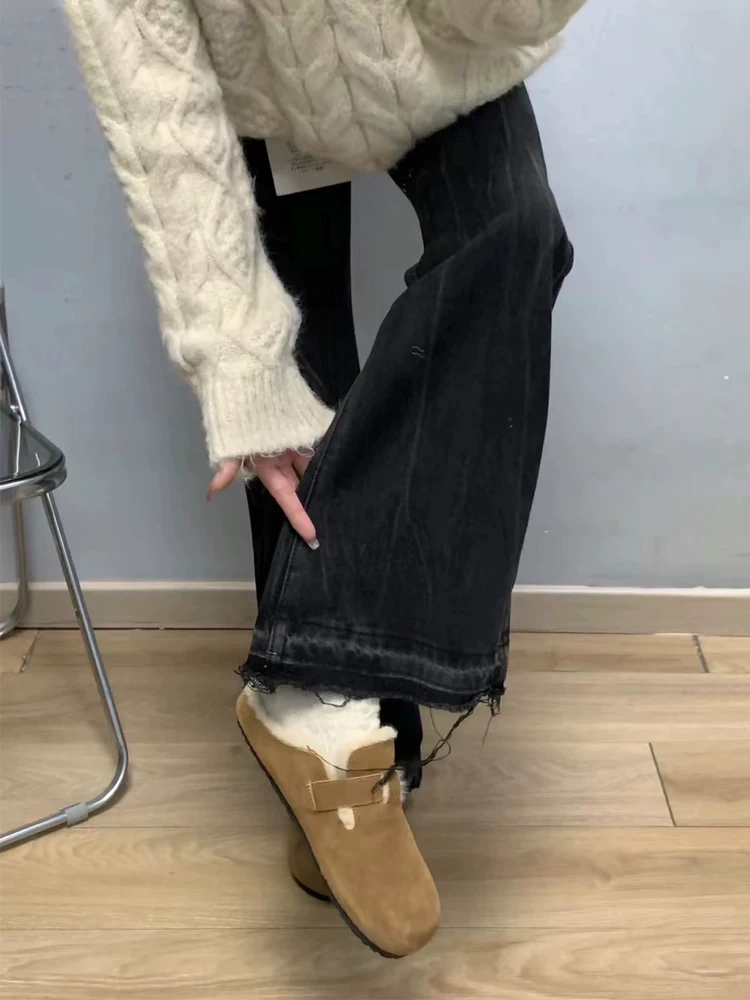 Quần jean ống đứng dành cho nữ, kiểu thu đông, lót lông cừu, cỡ lớn, màu đen và xám, không bó sát ở chân, cạp cao, quần ống loe che hông.
