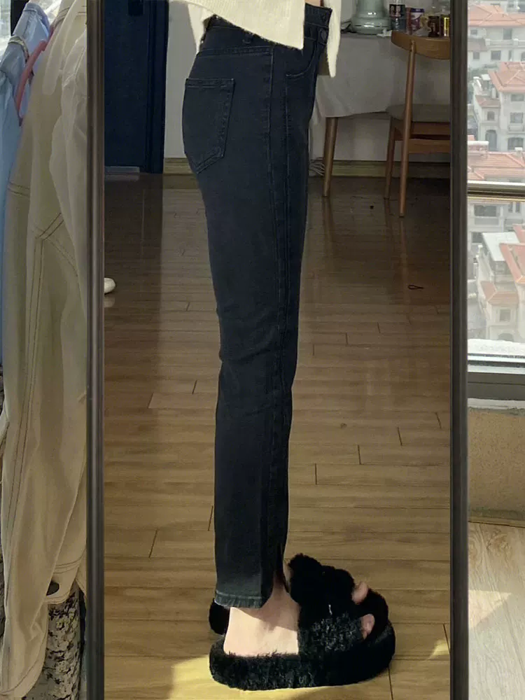 Quần jean ống đứng dáng quả lê dành cho nữ, lót lông cừu, cỡ lớn, dành cho các cô nàng mũm mĩm, cạp cao, che hông, quần thuốc lá thon gọn, dài ngang đùi.