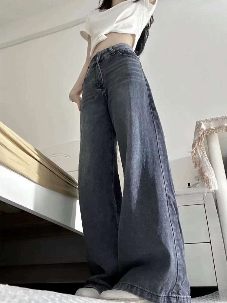 Quần jean ống loe màu đen và xám dành cho nữ, kiểu dáng mùa thu mới, cỡ lớn, cạp cao, dáng rộng, che hông, giảm béo, quần ống rộng chuông.