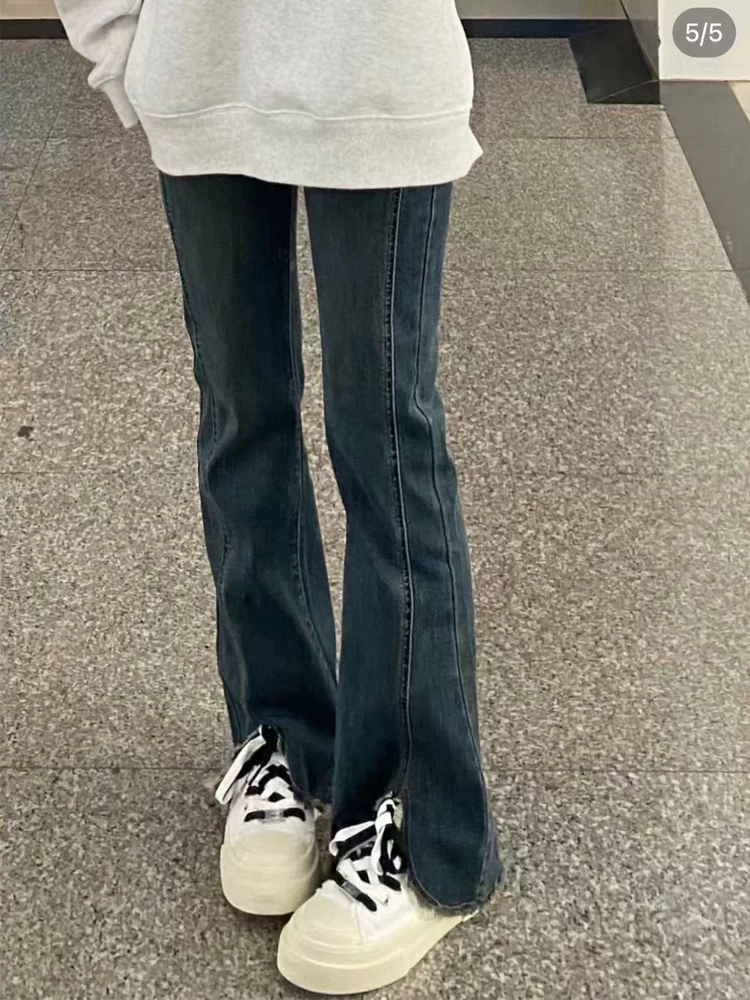 Quần jeans ống đứng xẻ tà dáng rộng dành cho nữ thu đông 2024, size lớn, cạp cao, co giãn, che hông, tôn dáng, kiểu bootcut