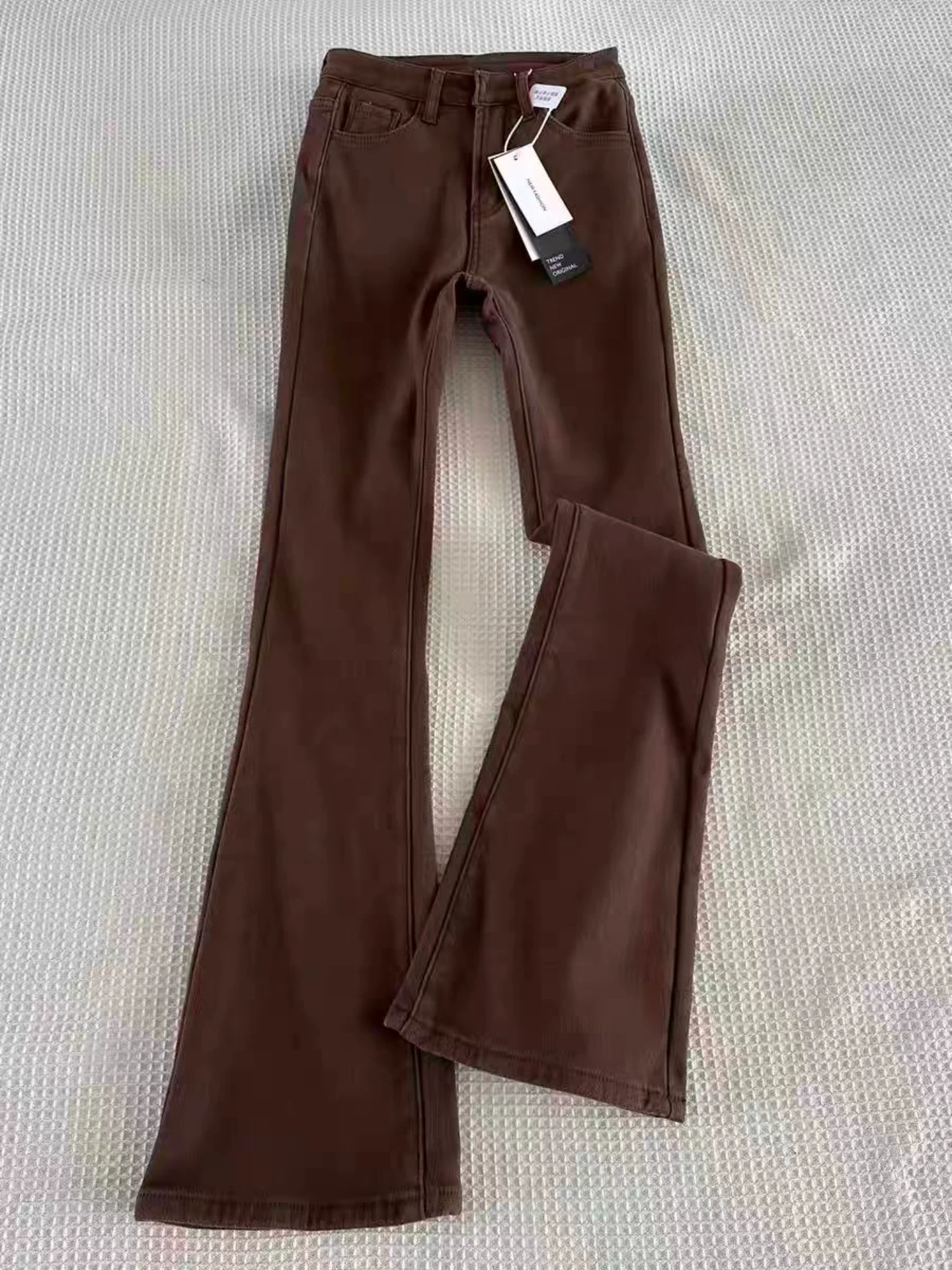 Quần jean ống loe dày lót lông màu cà phê Melard dành cho nữ, mùa thu đông, cỡ lớn, cạp cao, giảm béo, quần ống loe co giãn.