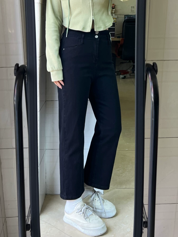Quần jean ống đứng cho nữ, đầu thu, cỡ lớn, lưng cao, co giãn, che hông, giảm béo, dáng quả lê, quần thuốc lá ngắn