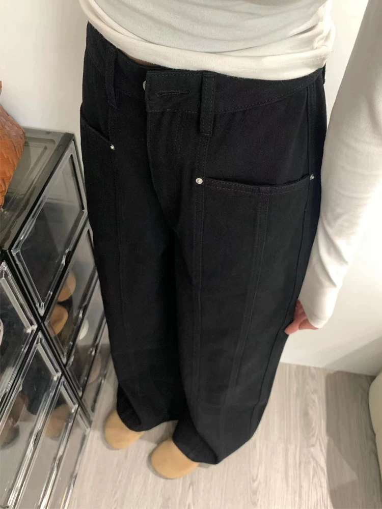 Quần jeans đen dáng thẳng nữ mùa thu đông 2024, size lớn, cạp cao, rộng rãi, tôn dáng, kiểu dáng chữ A, ống rộng