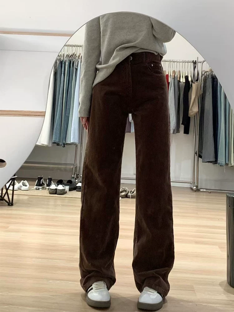 Quần ống rộng vải nhung dày lót lông cừu dành cho nữ, mùa thu đông, cỡ lớn, lưng cao, che hông, giảm béo, quần ống thẳng hẹp.