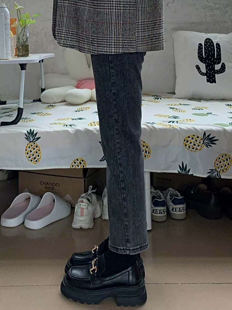 Quần jean ống đứng dáng quả lê dành cho nữ, phong cách đầu thu, cỡ lớn, lưng cao, giảm béo, nhỏ nhắn, quần thuốc lá ống lửng.