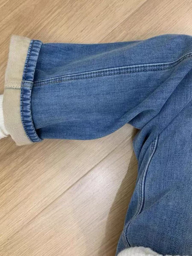 Quần jean ống thẳng màu sáng cho nữ, mùa thu đông, lót lông cừu, cỡ lớn, lưng cao, che hông, giảm béo, dáng quả lê, quần ống rộng