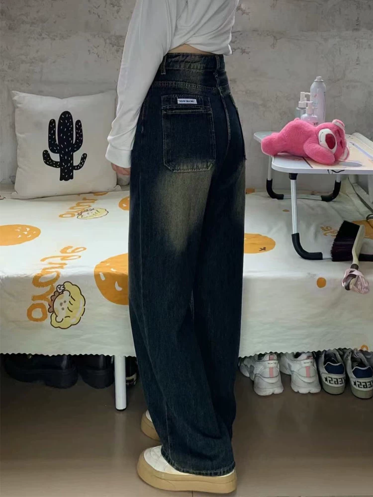 Quần jean ống thẳng kiểu Mỹ cổ điển dành cho nữ, phong cách mùa xuân mới, cỡ lớn, lưng cao, dáng rộng, che hông, quần ống rộng giảm béo