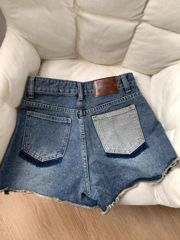 Quần short denim cổ điển dành cho nữ, cỡ lớn mùa hè, kiểu dáng thời trang, cạp cao, che hông, quần ống rộng dáng chữ A, rách, tôn dáng