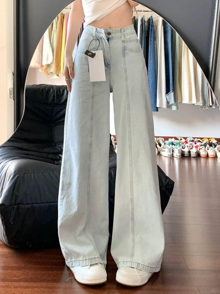 Quần jean ống thẳng màu xanh nhạt kiểu Mỹ dành cho nữ, bộ sưu tập mùa thu mới, cỡ lớn, lưng cao, dáng rộng, dáng suông, dáng rộng, quần dài đến sàn.