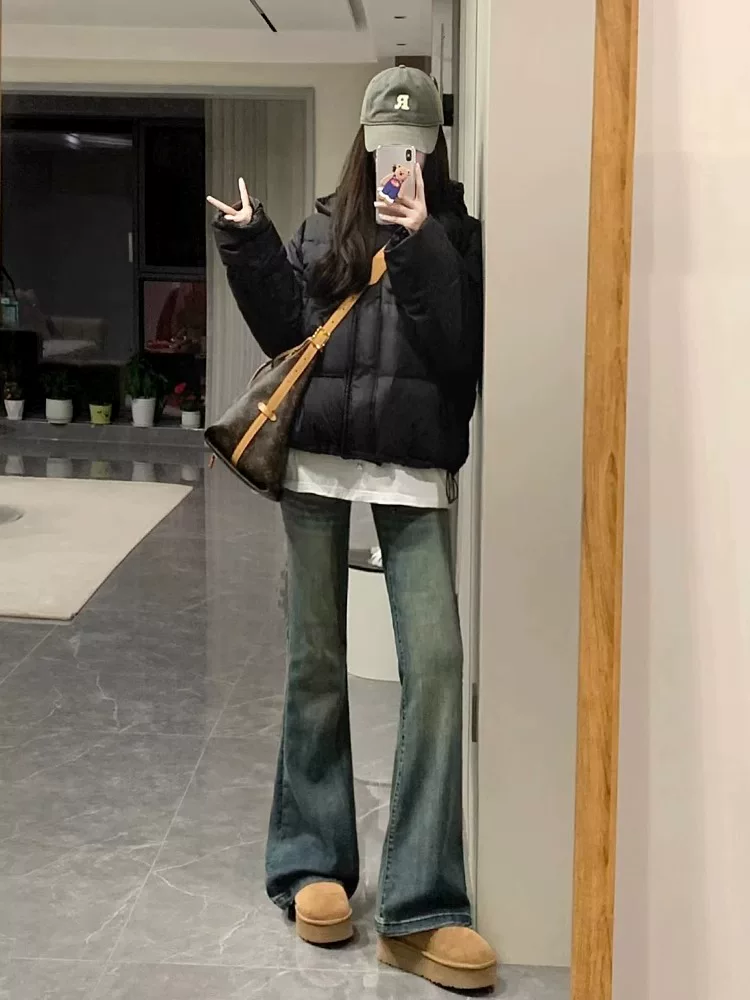 Quần jean ống đứng ống loe dày dặn lót lông màu xanh cổ điển dành cho nữ, mùa thu đông, cỡ lớn, cạp cao, co giãn, quần ống loe thon gọn.