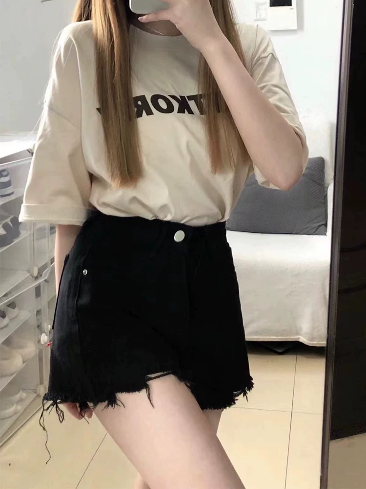 Quần short denim dáng lê dành cho nữ, size lớn mùa hè, cạp cao, dáng rộng, che hông, tôn dáng, dáng chữ A, rách, quần ống rộng