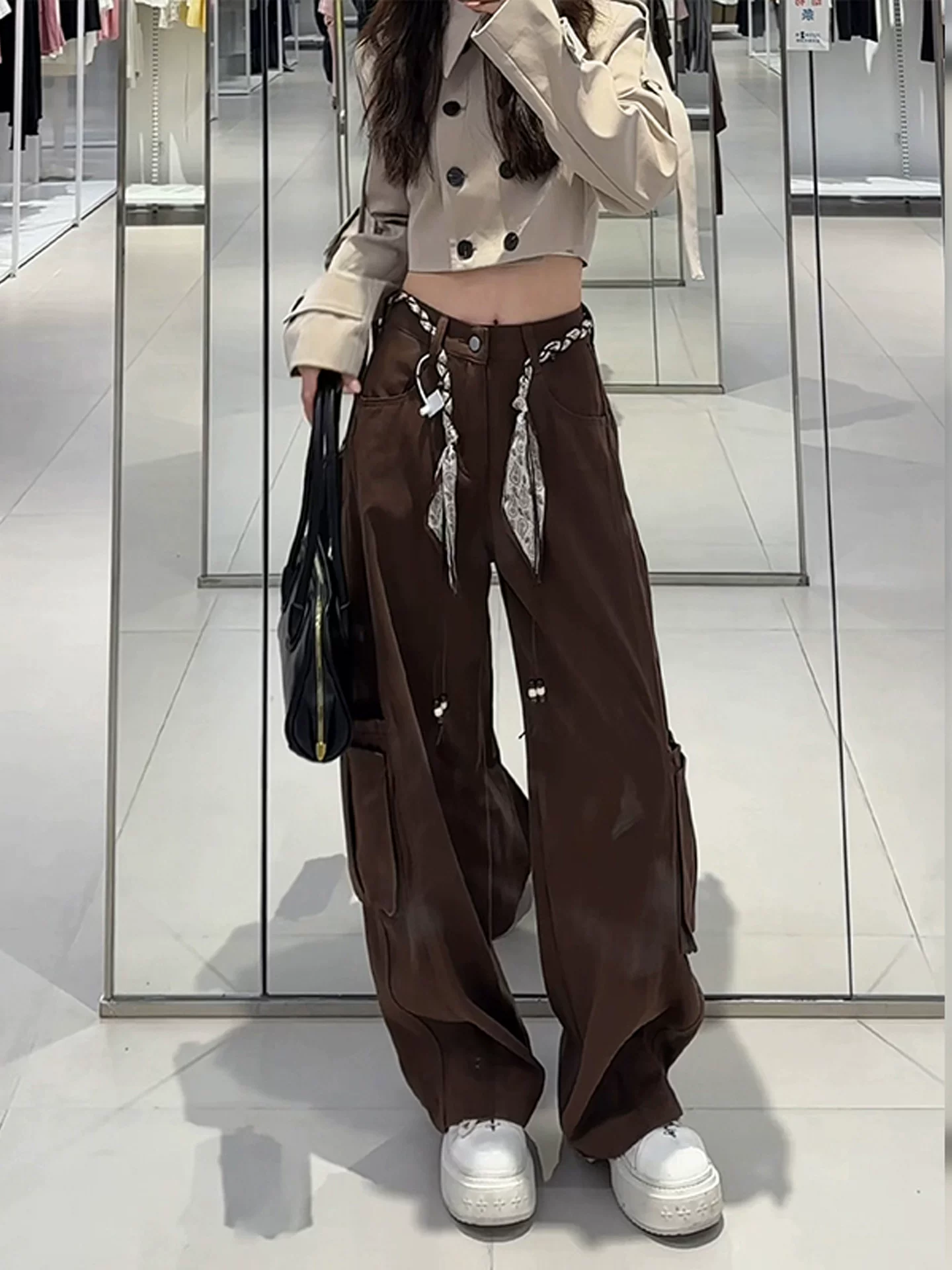 Quần âu màu cà phê Melard dành cho nữ, thiết kế mùa thu 2025, size lớn, cạp cao, dáng rộng, tôn dáng, ống rộng