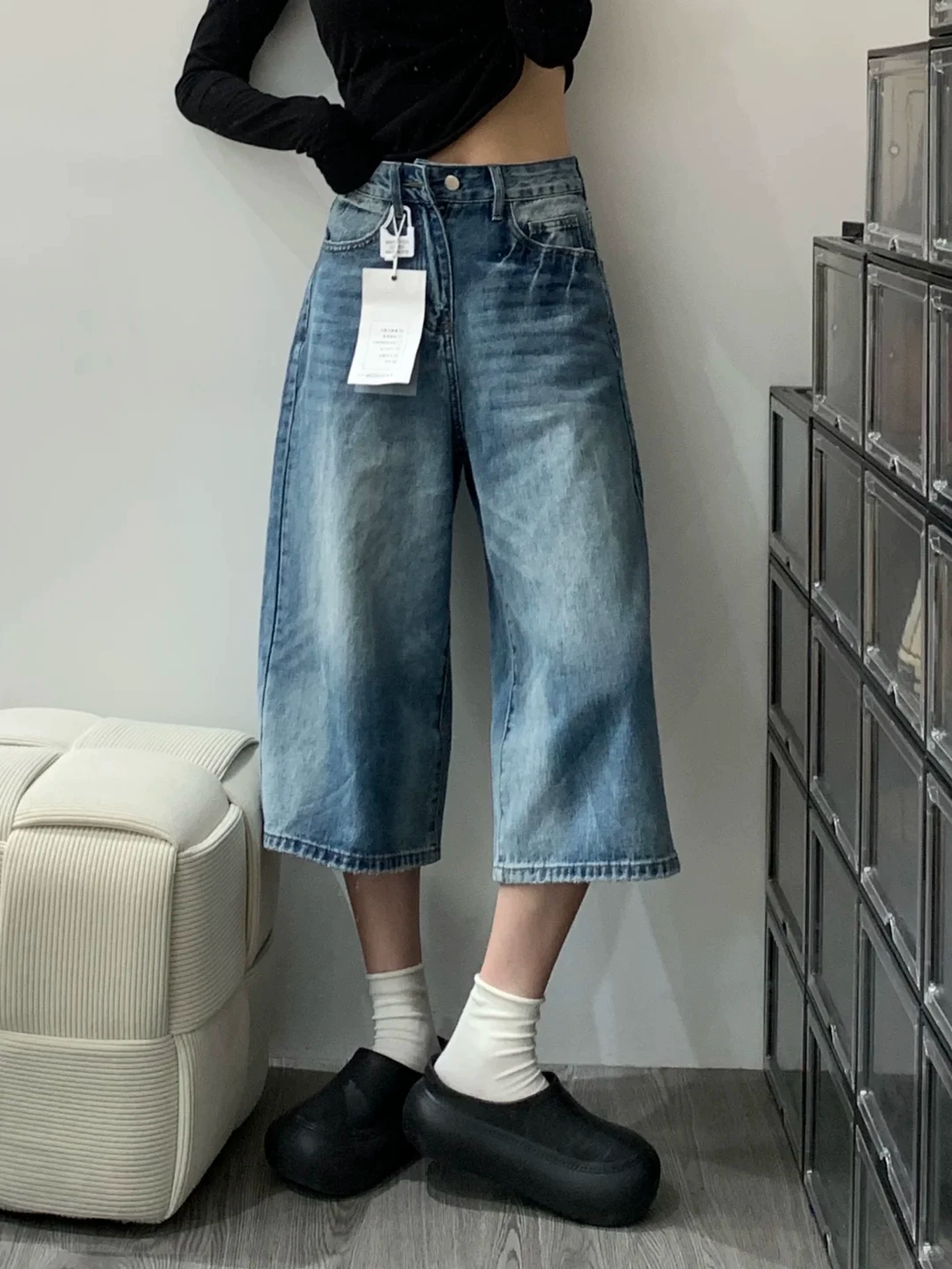 Quần denim crop kiểu cổ điển Mỹ dành cho nữ, cỡ lớn mùa hè, lưng cao, dáng rộng, tôn dáng, dáng quả lê, quần ống rộng dài tám phần.