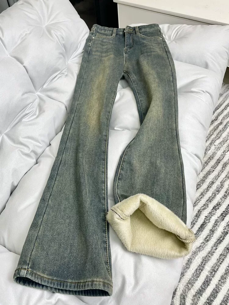 Quần jean ống loe thẳng màu xanh retro kiểu Mỹ dành cho nữ, lót lông cừu, dày dặn, cỡ lớn, cạp cao, co giãn, quần ống loe tôn dáng.