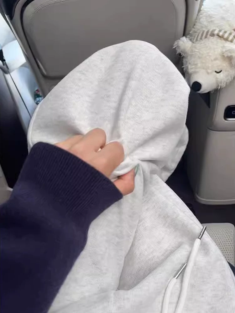 Quần thể thao màu xám bông tuyết dành cho nữ, mùa thu đông, cỡ lớn, lưng cao, dáng rộng, thon gọn, dáng quả lê, lót lông cừu, quần thể thao ống rộng.