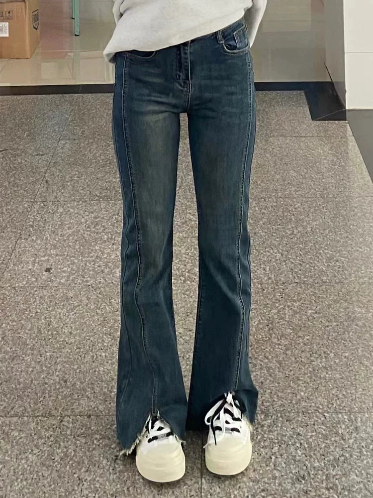 Quần jeans ống đứng xẻ tà dáng rộng dành cho nữ thu đông 2024, size lớn, cạp cao, co giãn, che hông, tôn dáng, kiểu bootcut