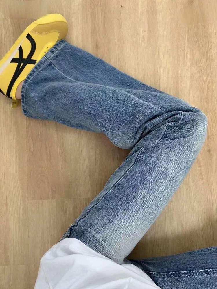 Quần jean ống đứng xanh cổ điển dành cho nữ, kiểu dáng mùa thu mới, cỡ lớn, lưng cao, che hông, giảm béo, quần ống rộng hẹp.