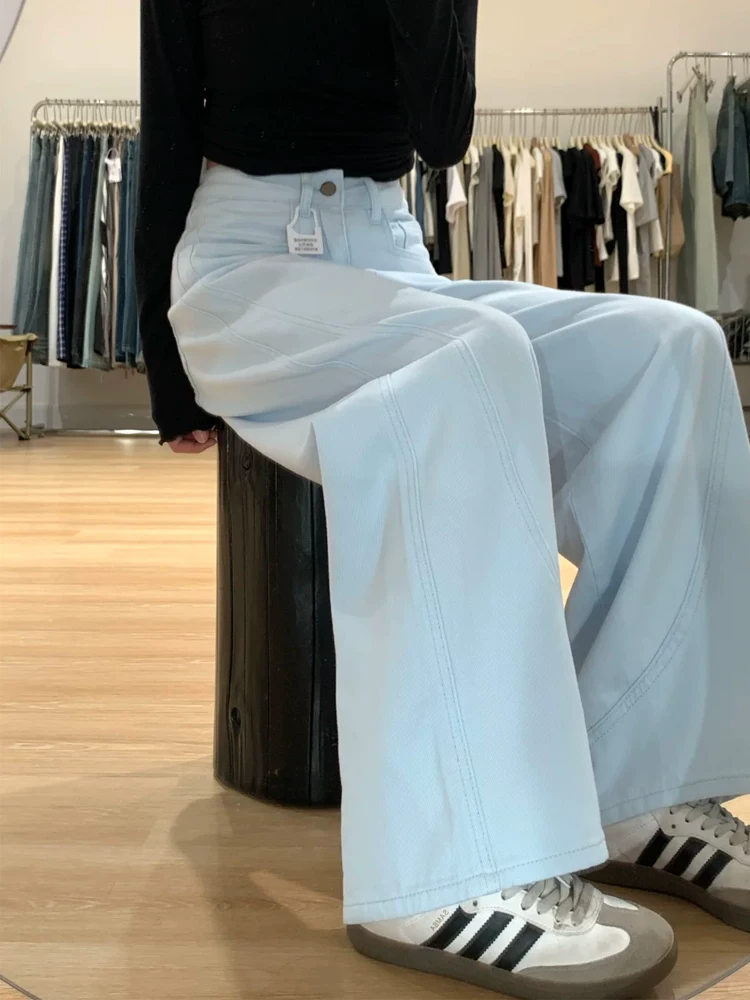 Quần jean viền cong màu xanh nhạt dành cho nữ, mùa thu, cỡ lớn, lưng cao, dáng rộng, thon gọn, dáng quả lê, quần ống rộng thẳng