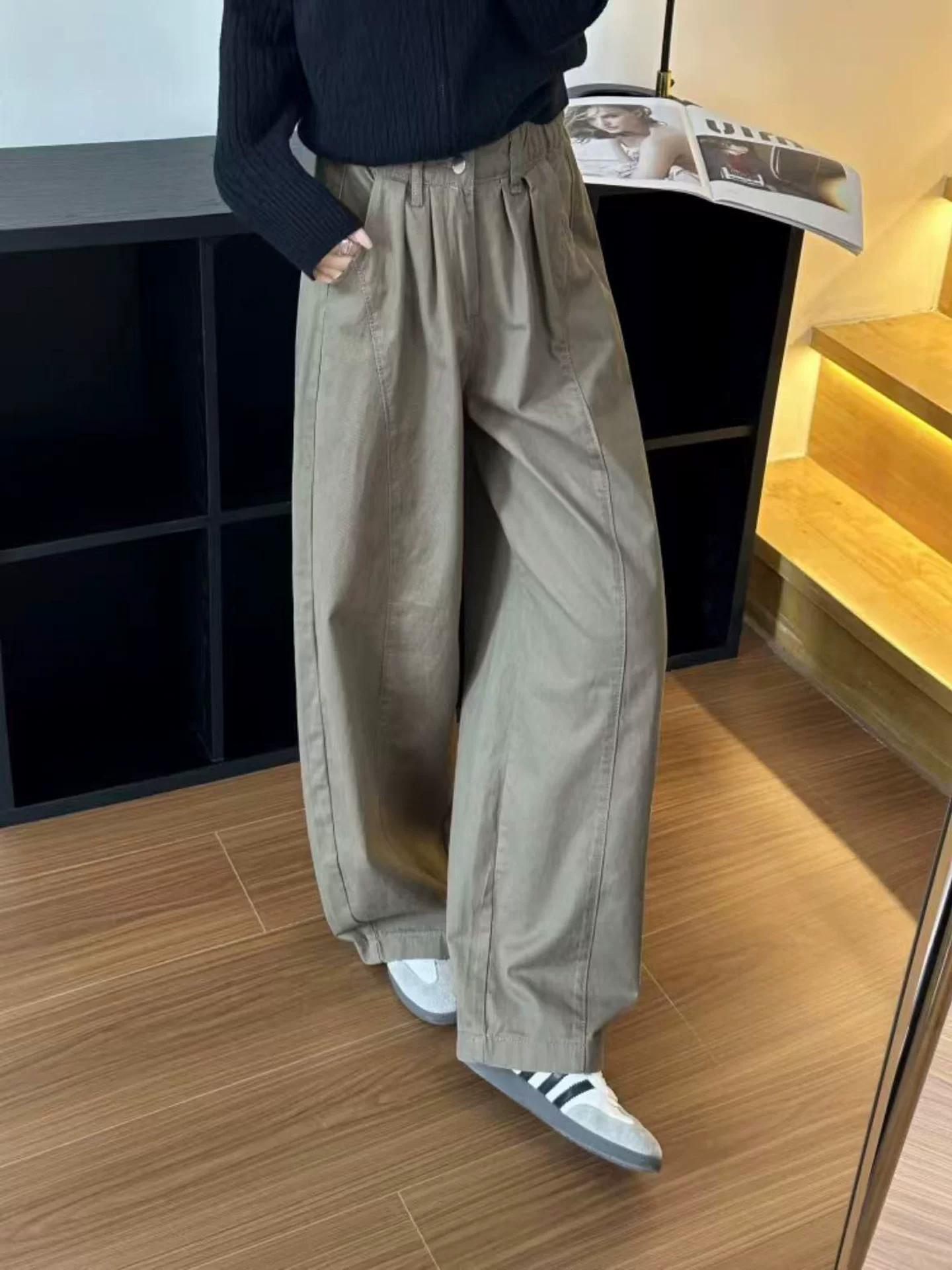 Quần kaki cargo kiểu Mỹ dành cho nữ, mùa thu, cỡ lớn, lưng cao, dáng rộng, tôn dáng, quần ống rộng kiểu scimitar