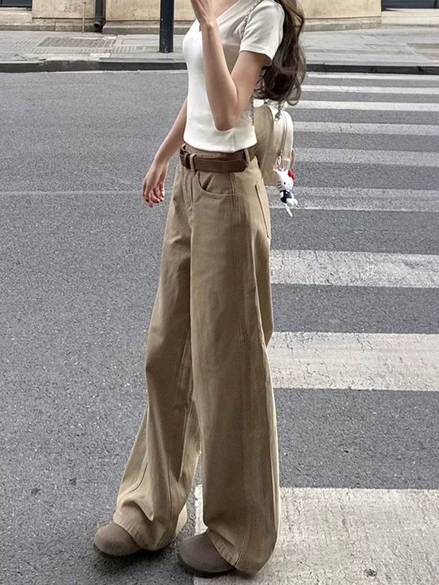 Quần jean kaki ống thẳng cho nữ, kiểu dáng mùa thu mới, cỡ lớn, lưng cao, che hông, giảm béo, dáng quả lê, quần ống rộng