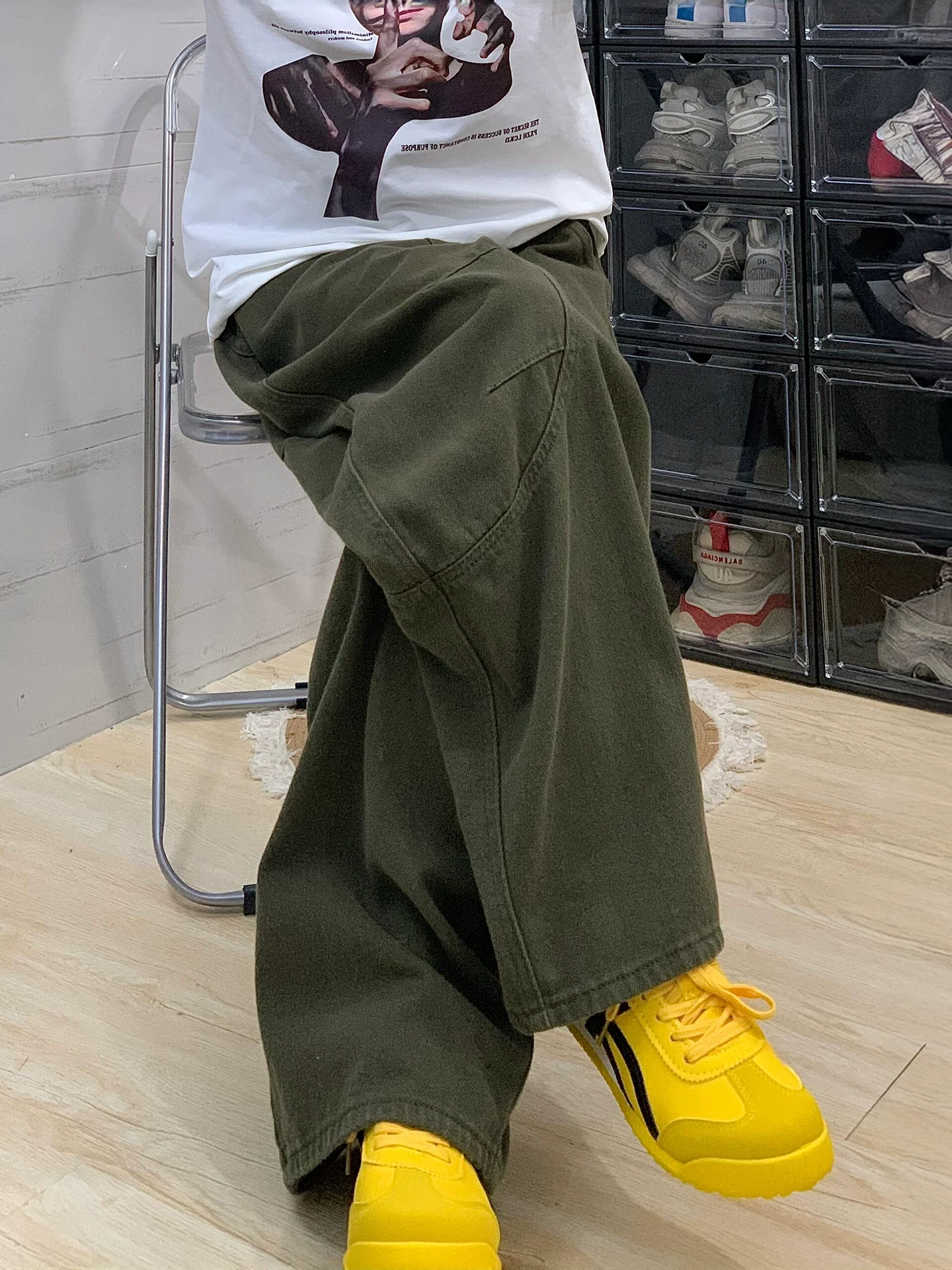 Quần jean màu xanh quân đội dành cho nữ, mùa thu, cỡ lớn, lưng cao, dáng rộng, giảm béo, dáng quả lê, quần ống rộng kiểu công sở