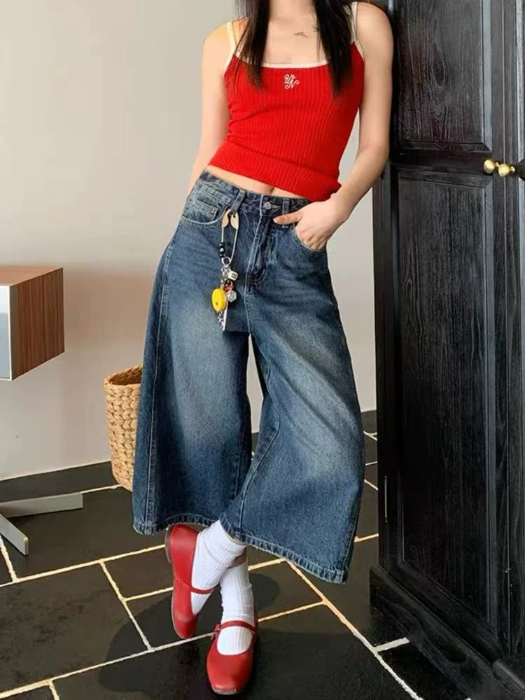 Quần jeans nữ kiểu Mỹ cổ điển, dáng lửng, mùa hè 2025, size lớn, cạp cao, rộng rãi, tôn dáng, ống rộng