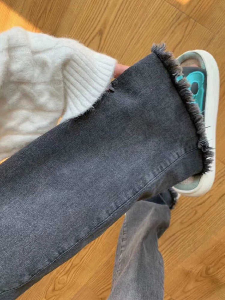 Quần jean ống loe màu đen và xám dành cho nữ, mặc đầu thu, cỡ lớn, lưng cao, co giãn, che hông, giảm béo, quần ống loe viền xù.