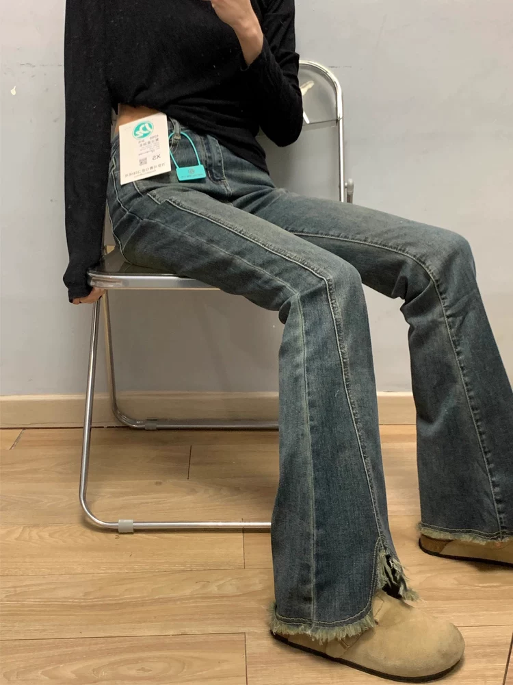 Quần jean ống loe viền thô dành cho nữ, mùa thu đông, cỡ lớn, lót lông cừu, dày dặn, quần ống loe cạp cao tôn dáng thời trang