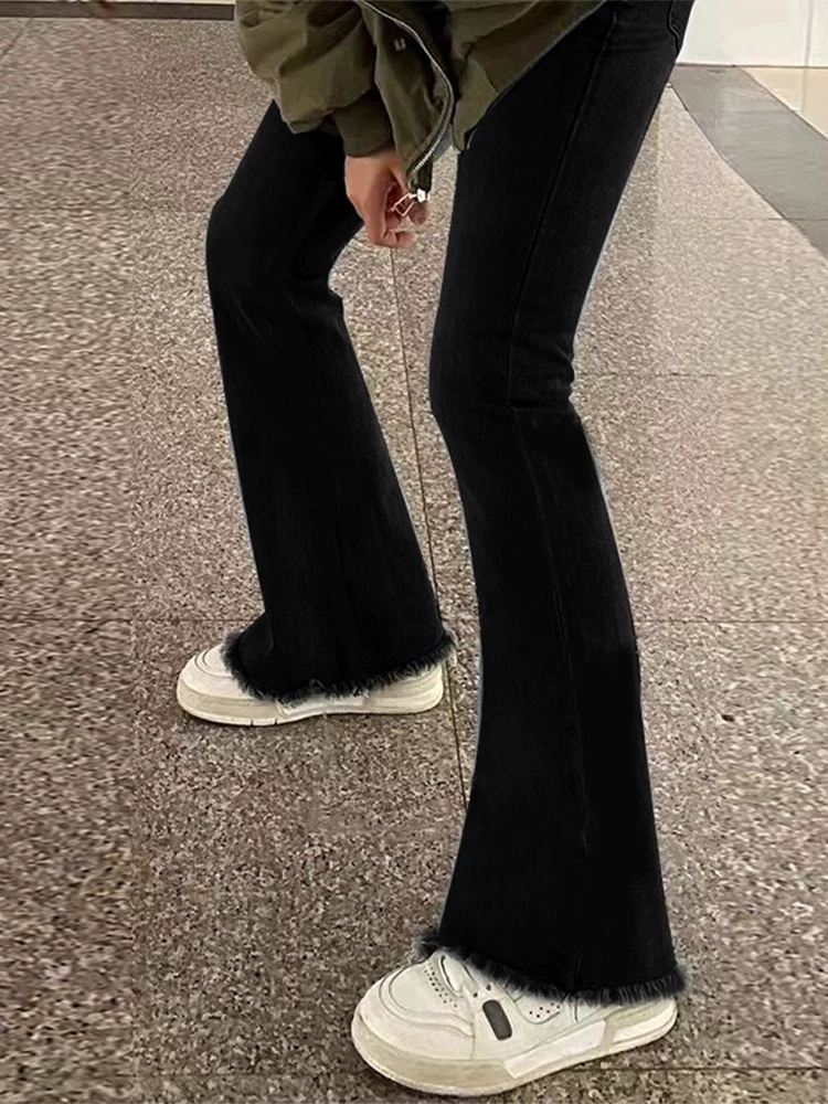 Quần jean dáng lê dành cho nữ, lót lông cừu mùa thu đông, cỡ lớn, lưng cao, thon gọn, co giãn, viền xù, quần ống loe, hợp thời trang.