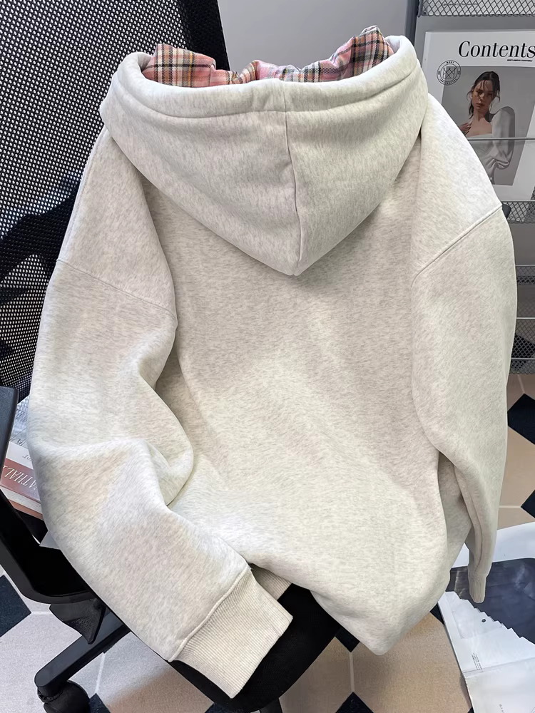 Áo len cardigan in hình chó con hoạt hình phong cách Hàn Quốc mùa thu đông dành cho nữ, áo khoác có mũ trùm đầu chắp vá kẻ sọc độc đáo cao cấp