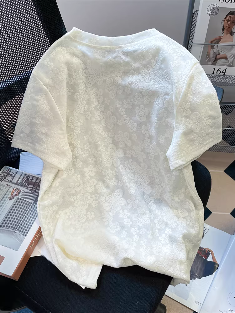 Áo thun ngắn tay kiểu Pháp, chất liệu ren jacquard, dành cho nữ, kiểu dáng độc đáo và đẹp mắt, hợp thời trang mùa hè.