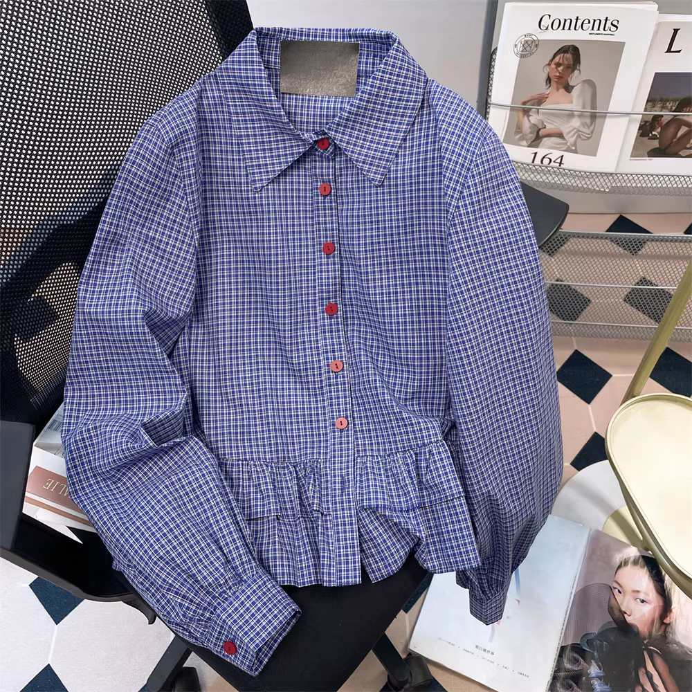 Trang phục phong cách Miu kiểu Pháp với áo sơ mi xếp nếp kẻ sọc dành cho nữ, áo sơ mi dài tay phong cách đại học mùa thu mới.
