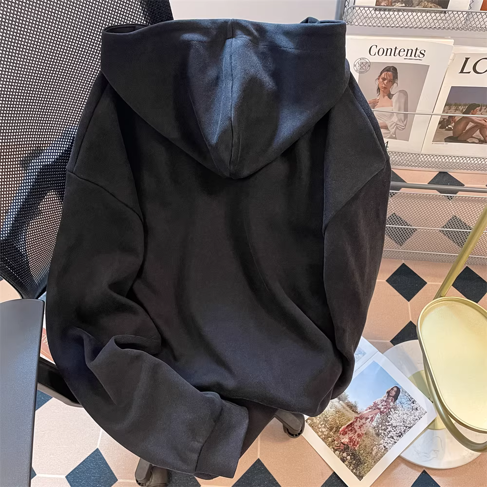 Áo len cardigan có mũ trùm đầu in chữ cổ điển kiểu Trung Quốc dành cho nữ, áo khoác cặp đôi hip-hop hạng nặng phong cách châu Âu và Mỹ mùa thu