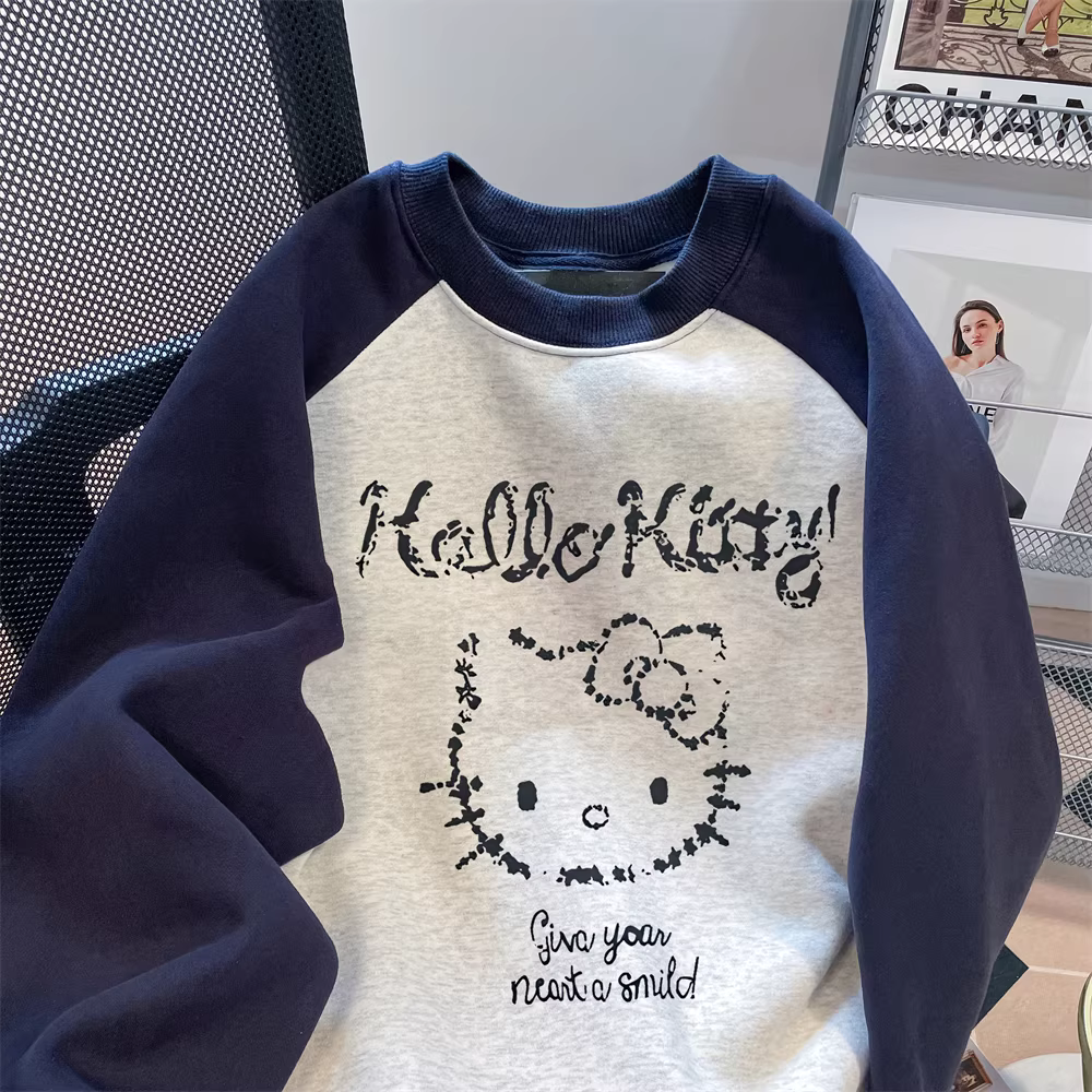 Áo len hình mèo Hello Kitty dễ thương phong cách châu Âu dành cho nữ, thời trang thu đông trẻ trung, áo dài tay raglan phối màu