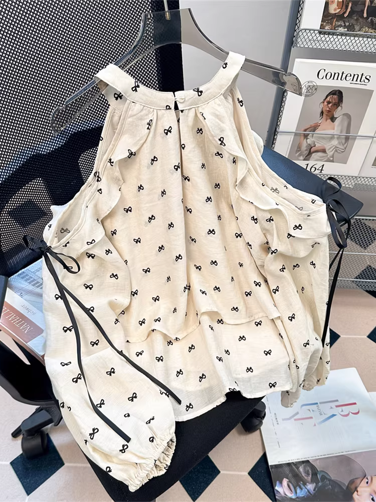 Áo sơ mi ngắn cổ yếm lệch vai kiểu Pháp dành cho nữ, thiết kế ngọt ngào đầu thu, áo dài tay thanh lịch