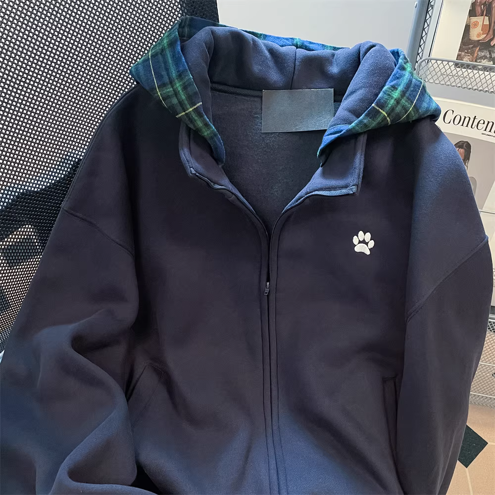 Áo khoác cardigan kẻ ca rô thêu hình chân chó phong cách retro Mỹ dành cho nữ, mùa xuân & thu 2025, kiểu preppy mới, áo hoodie năng động