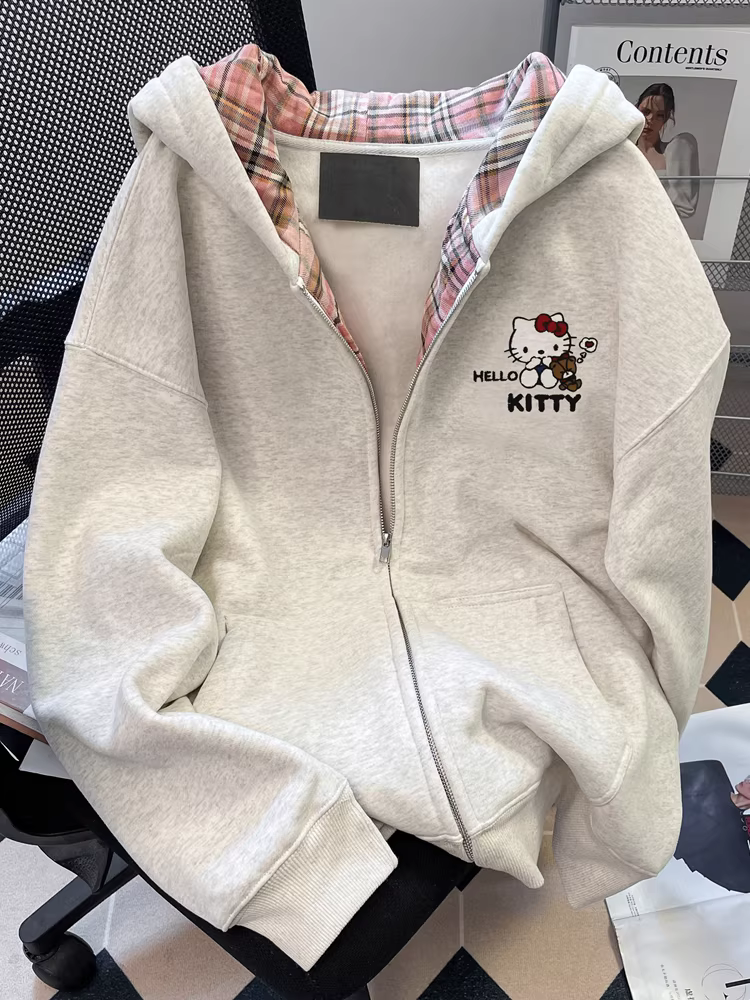 Áo khoác nỉ kẻ sọc phối màu độc đáo dành cho nữ, phong cách Hàn Quốc mùa thu, áo hoodie hình mèo Kitty siêu dễ thương và đáng yêu.