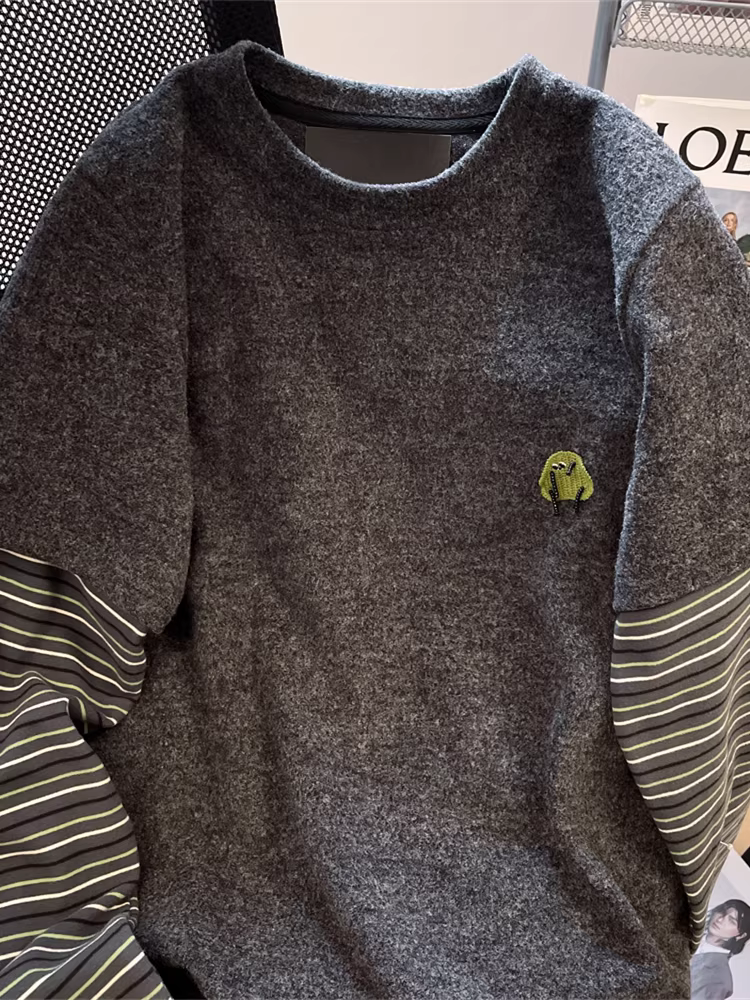 Áo thun dài tay dày dặn giả hai mảnh kiểu cổ điển Hàn Quốc dành cho nữ, thiết kế thu đông, áo sơ mi phối họa tiết độc đáo