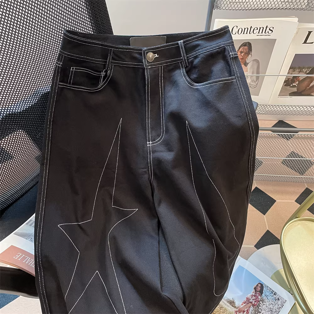 Quần jean ngắn phối màu kiểu sao, dáng rộng, chất liệu denim, phong cách retro Mỹ, mùa hè, dành cho nữ cỡ lớn, tôn dáng.