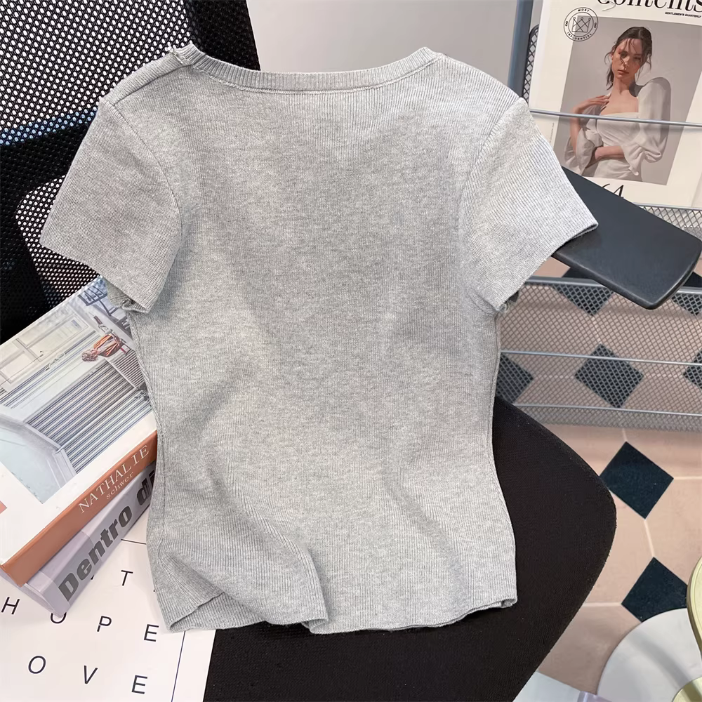 Áo dệt kim thắt nơ thanh lịch kiểu Pháp dành cho nữ, áo thun ngắn tay ôm sát vai thường ngày mùa hè